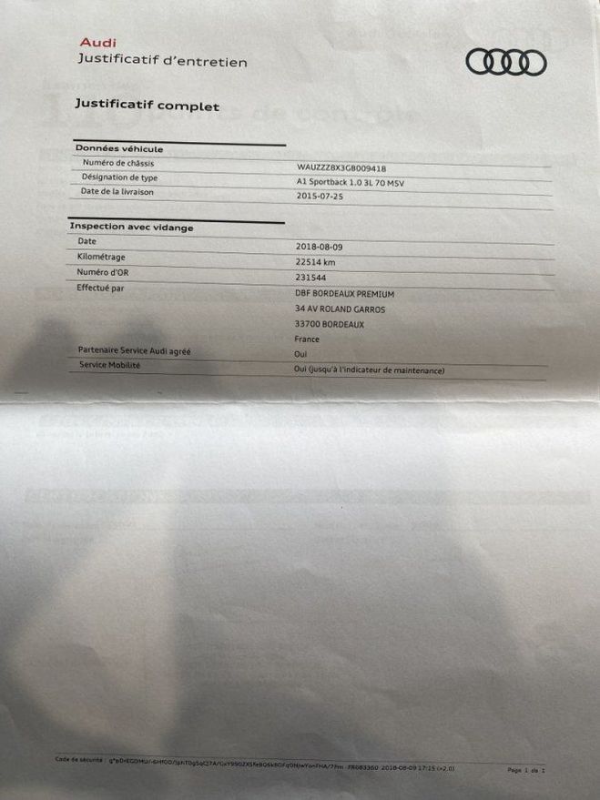 Audi A1 Sportback 1.0 TFSI 95CH ULTRA Blanc de 2015