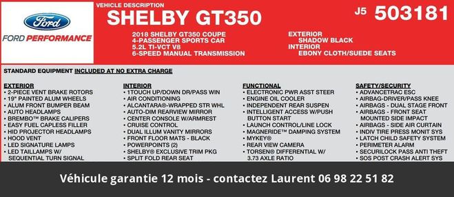 Ford Mustang Shelby gt350 526 hors homologation 4500e Noir de 2018