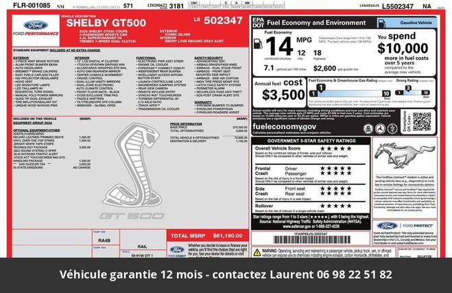 Ford Mustang Shelby gt500 760 hors homologation 4500e Gris de 2020